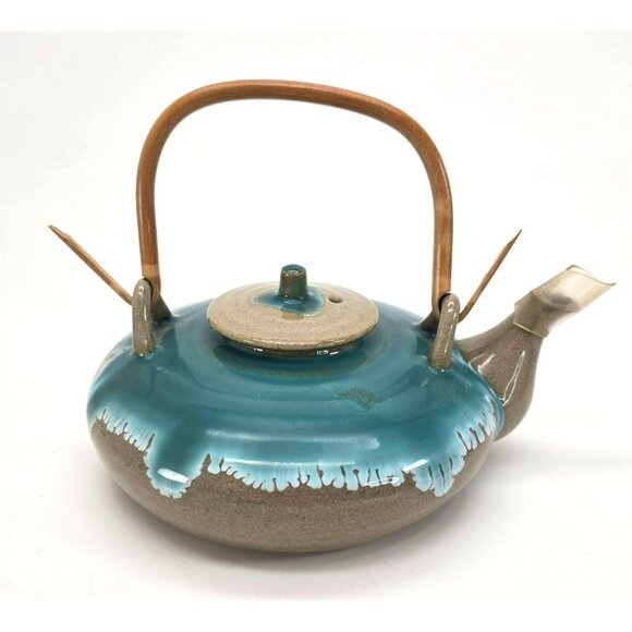 Handcrafted Ceramic Sake Teapot With Bamboo Handle & Drip Glaze Finish JE110 - Picture 1 of 10